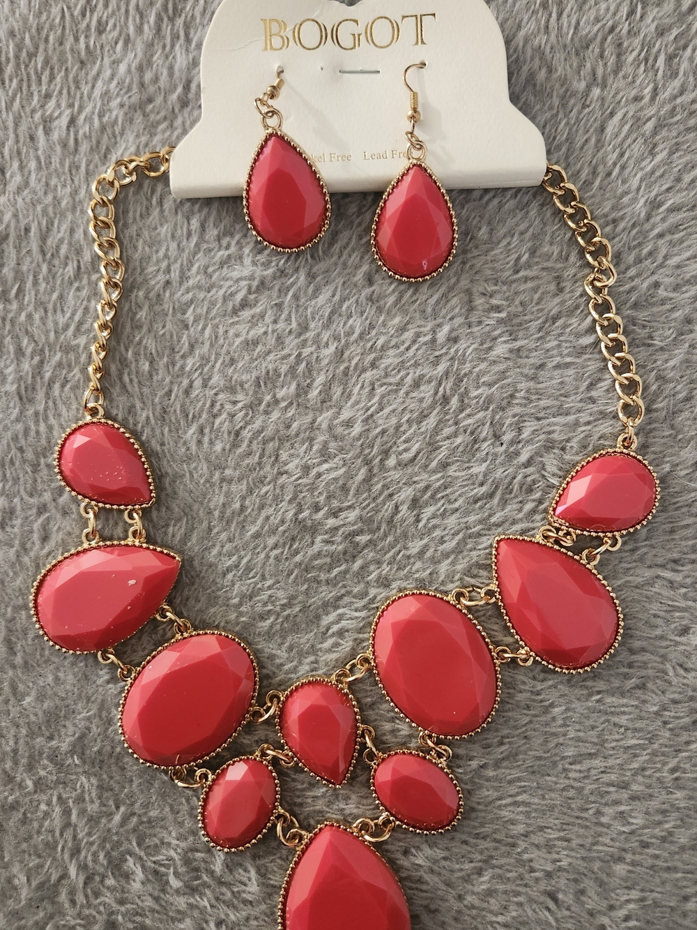 Bogot Gold-Tone Coral Red Teardrop Statement Necklace & Earrings Set